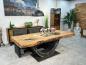 Preview: Design Massivholztisch "Deep Island" ca. 219 x 100-103 x 79 cm aus recyceltem Altholz mit Rohstahlgestell und Glaseinlage
