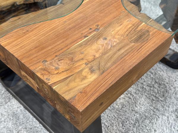 Kleiner Couchtisch "Wild Landscape" (ca. 80 x 60 x 45,5 cm) aus Holz, Glas & Edelstahl