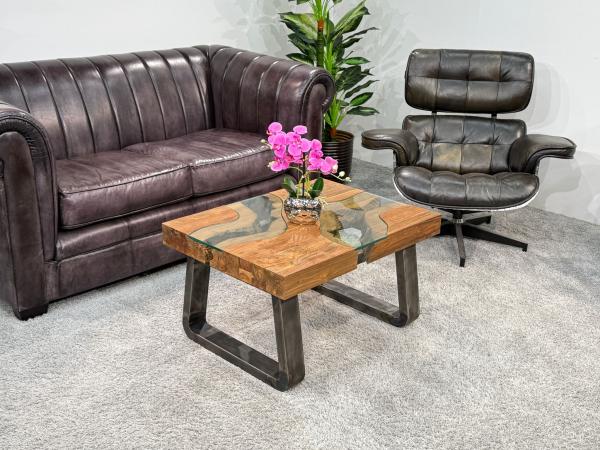 Kleiner Couchtisch "Wild Landscape" (ca. 80 x 60 x 45,5 cm) aus Holz, Glas & Edelstahl