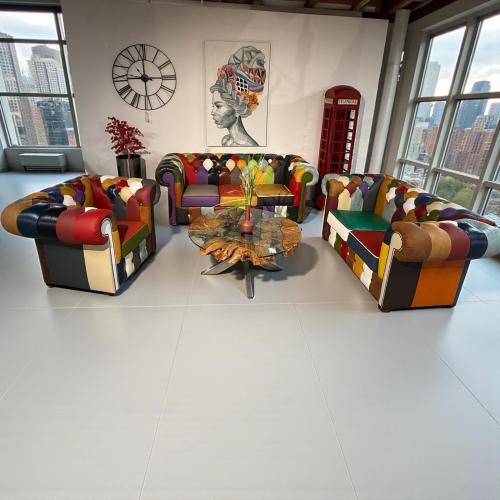 Couch 2-Sitzer Chesterfield aus buntem Echtleder