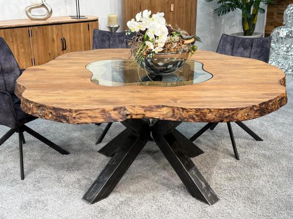 Runder Esstisch Eternia aus recyceltem Holz mit Glaseinlage