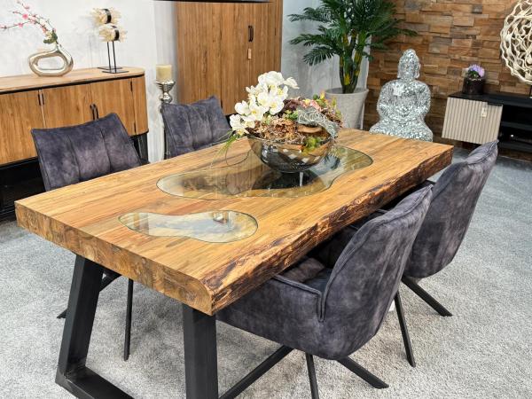 Echtholztisch massiv esstisch mit Glaseinlage