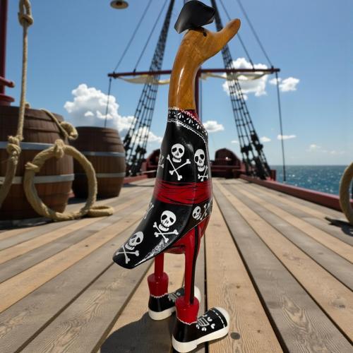 Ente aus Holz Pirat in Totenkopf-Anzug