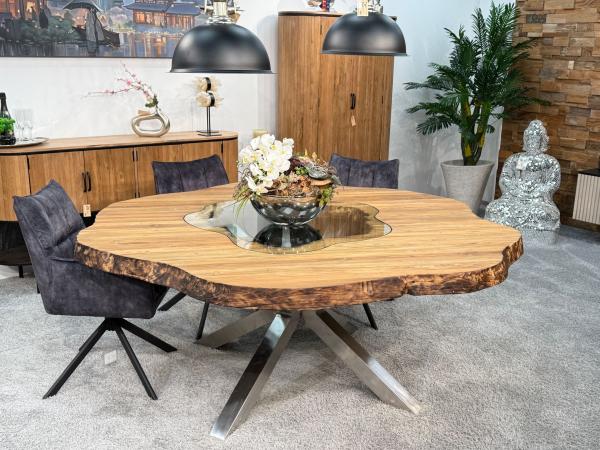 runder esstisch wildkante massivholz glaseinlagen