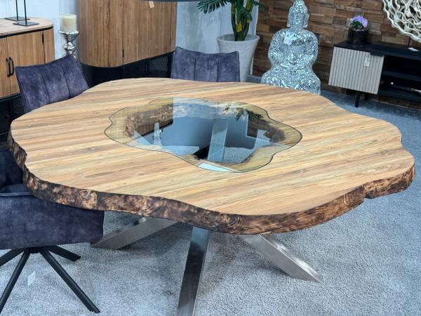 runder esstisch wildkante massivholz glaseinlagen