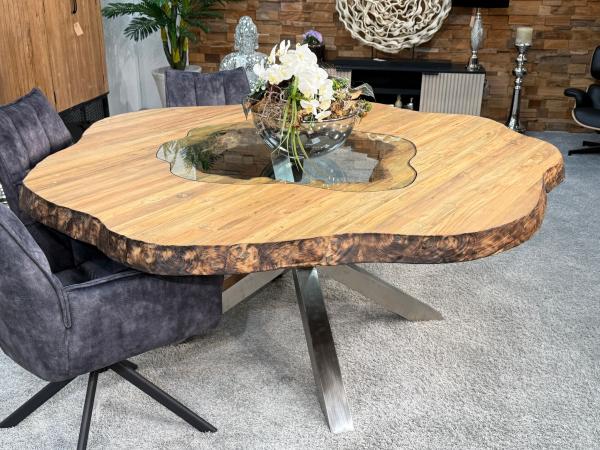 runder esstisch wildkante massivholz glaseinlagen
