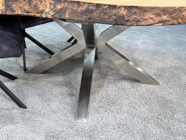 runder esstisch wildkante massivholz glaseinlagen