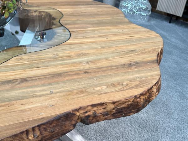 runder esstisch wildkante massivholz glaseinlagen