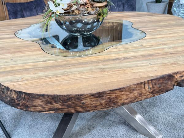 runder esstisch wildkante massivholz glaseinlagen