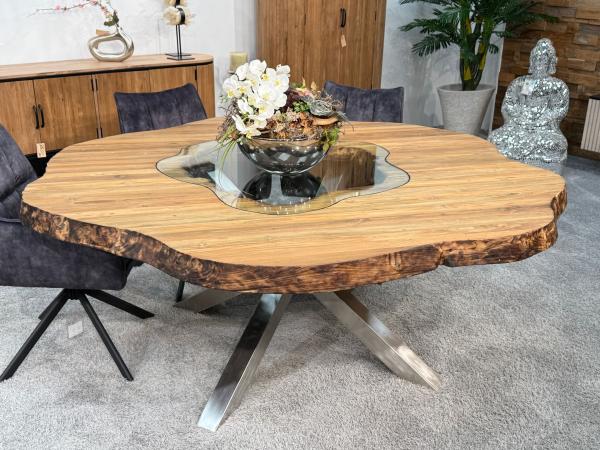 runder esstisch wildkante massivholz glaseinlagen
