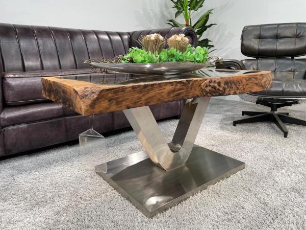 Antique coffee table from rice mortar, rectangular, wood and metal