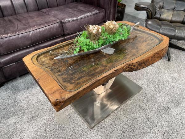 Antique coffee table from rice mortar with glass top, 101x70x50 cm