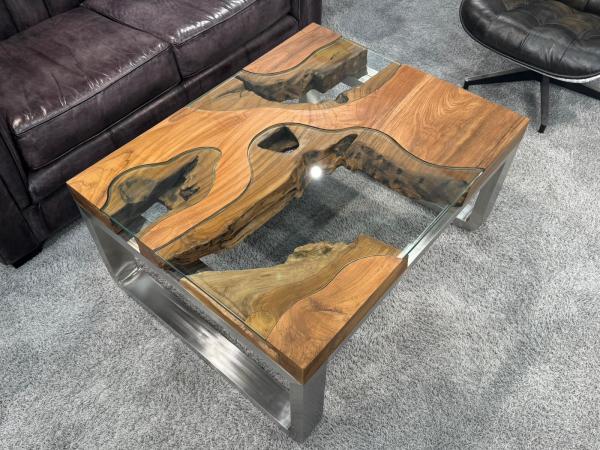 Ausgefallener Couchtisch eckig Holz mit Glas und Edelstahl