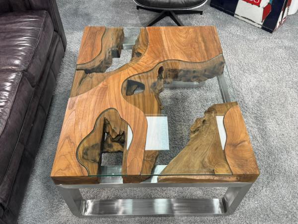 Ausgefallener Couchtisch eckig Holz mit Glas und Edelstahl