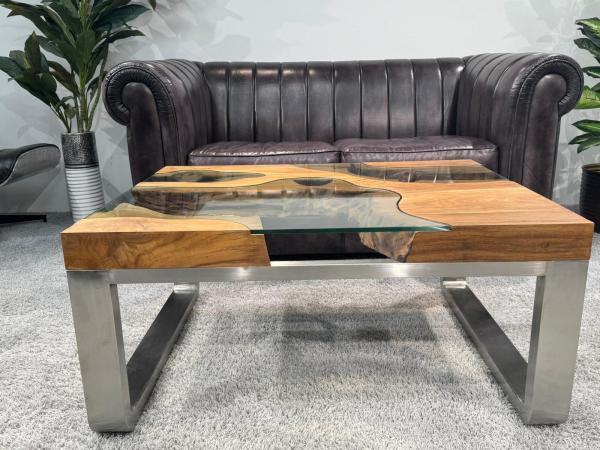 Ausgefallener Couchtisch eckig Holz mit Glas und Edelstahl