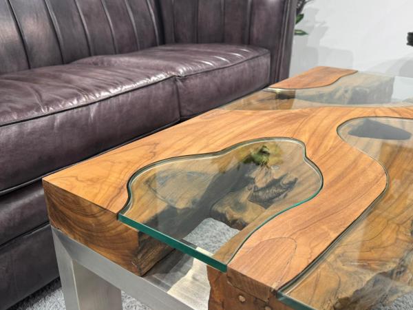Ausgefallener Couchtisch eckig Holz mit Glas und Edelstahl