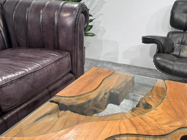 Ausgefallener Couchtisch eckig Holz mit Glas und Edelstahl