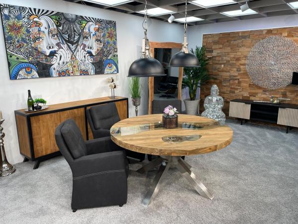 Außergewöhnlicher runder Esstisch aus Holz mit Edelstahl Eternia