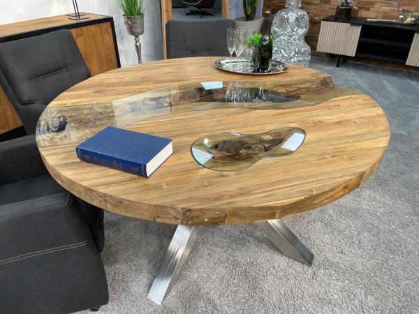Außergewöhnlicher runder Esstisch aus Holz mit Edelstahl Eternia