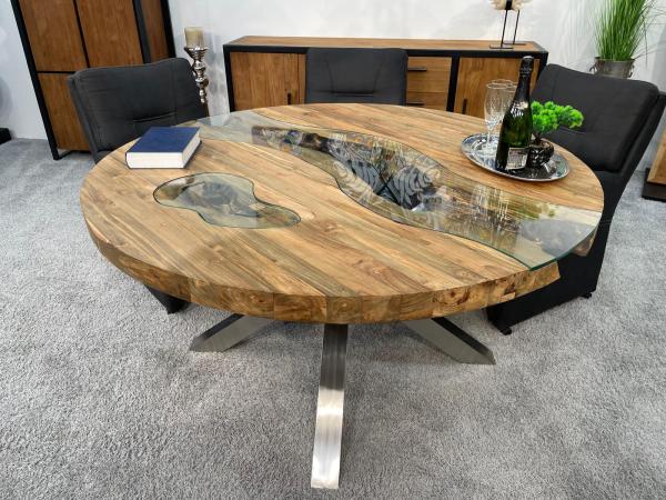 Außergewöhnlicher runder Esstisch aus Holz mit Edelstahl Eternia