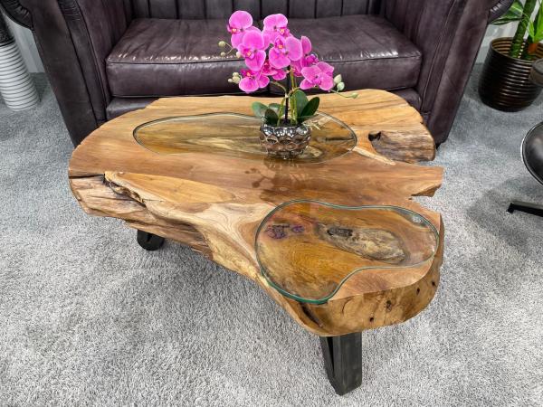 Baumstamm-Couchtisch mit Glasplatte, ca. 99x82x46 cm