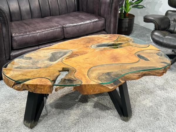 Baumstamm Couchtisch Lakeside mit Glas 120 cm