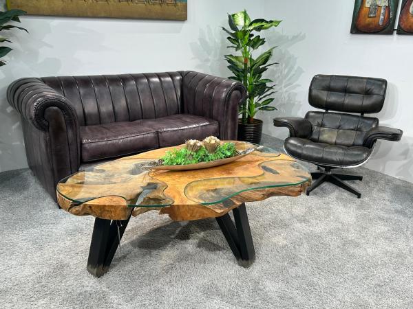 Baumstamm Couchtisch Lakeside mit Glas 120 cm