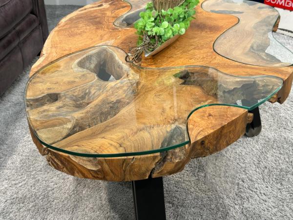Baumstamm Couchtisch Lakeside mit Glas 120 cm