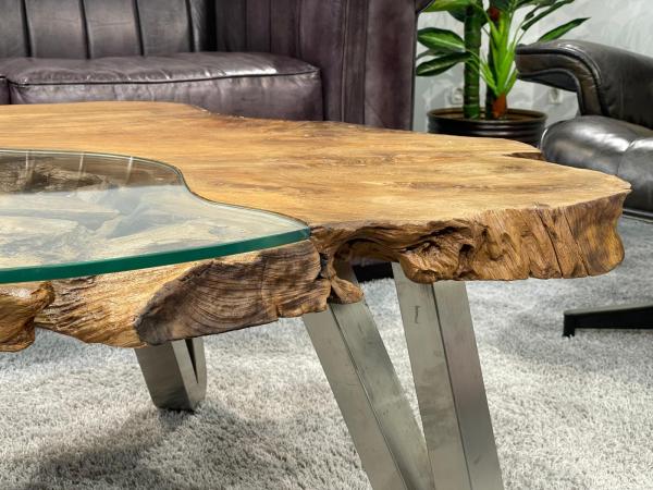 Tree trunk coffee table with glass top, irregular shape
