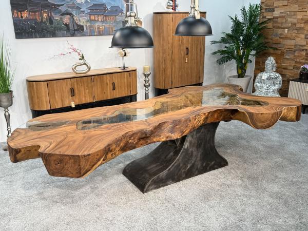 Exklusiver Designtisch aus Baumstamm Suar – echtes Kunstwerk aus 17,5 cm massiver Baumscheibe ca. 292 x 82-158 x 80 cm