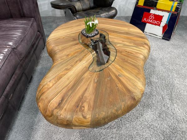 Wood coffee table with glass inset and stainless steel base