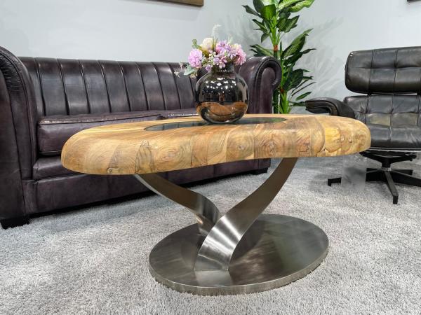 Living room table 'Bonsai' with wood top and stainless steel base