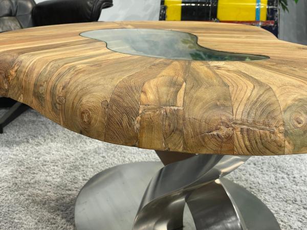 Coffee table with wooden top and stainless steel base