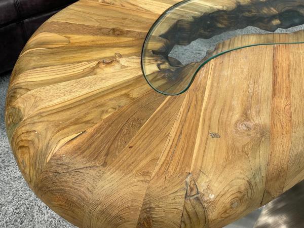 Coffee table with wooden top and glass detail, stainless steel frame