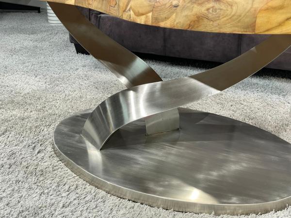 Living room table with stainless steel frame and wood top