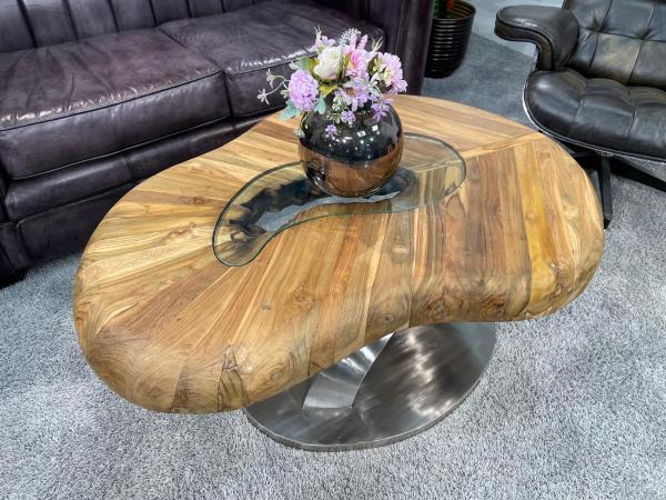 Bonsai coffee table, kidney-shaped wood with glass insert