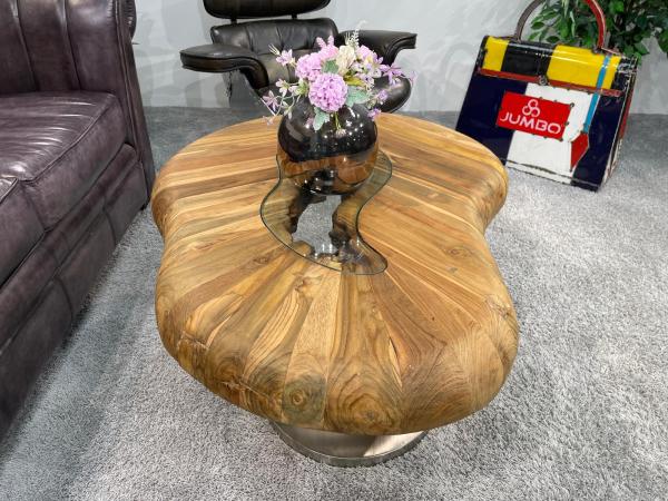 Bonsai coffee table with stainless steel base, wooden top