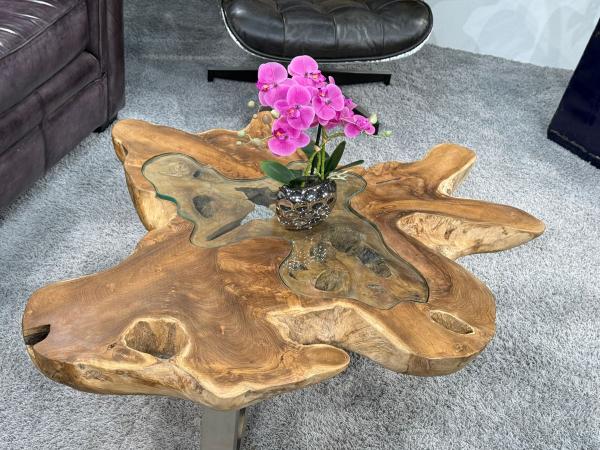 Couchtisch aus Teakholz, 110x98x39 cm, 8 cm Plattenstärke