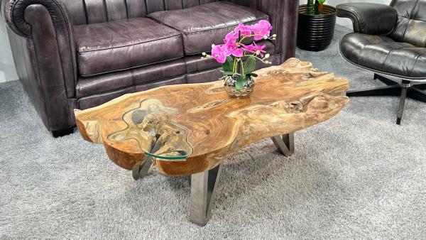 Couchtisch aus Teakholz mit Glasplatte, ca. 120 x 69 x 41 cm