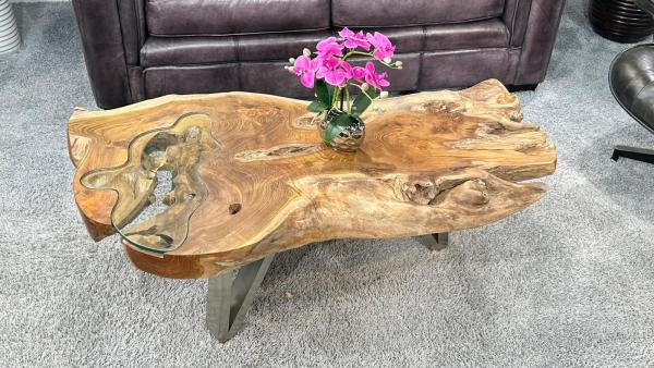 Teakholz-Couchtisch mit Glasintarsien, ca. 120x69x41 cm