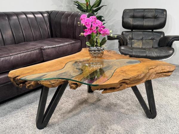 Coffee table from tree slice with glass inlays, 101x91x45 cm.