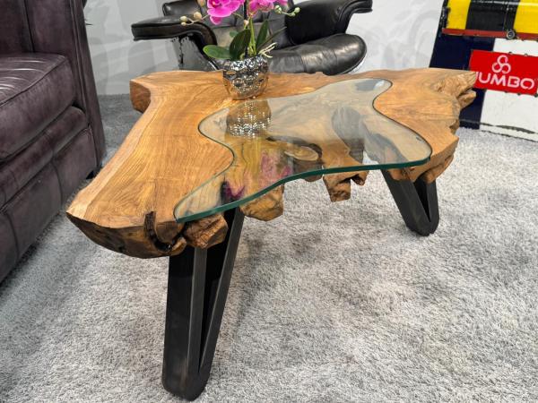 Coffee table from tree slice with glass inlays, approx. 101x91x45 cm