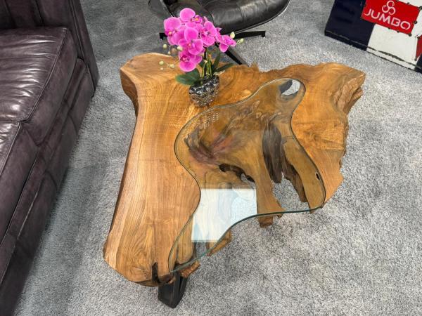 Coffee table from tree slice with glass inlays, 101x91x45 cm