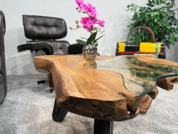 Coffee table from tree slice with glass inlays, approx. 101 x 91 x 45 cm