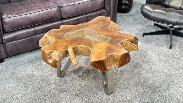 Wohnzimmertisch aus Teakholz mit Glasintarsien, ca. 78 x 42 x 10 cm.