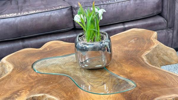 Wohnzimmertisch aus Teakholz mit Glasplatte, ca. 78 x 42 x 10 cm.