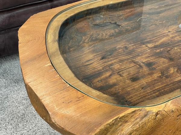 Coffee table from antique rice mortar with glass top, 109x52x51 cm