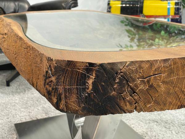 Coffee table from antique rice mortar, rectangular, wood, metal base.