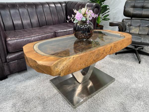 Coffee table from antique rice mortar, rectangular, wood and metal.