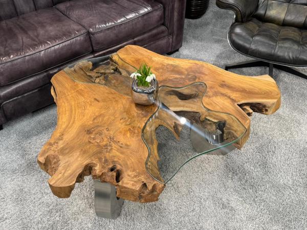 Sofatisch mit Holzplatte, Glaseinlage, O-förmige Stahlfüße.